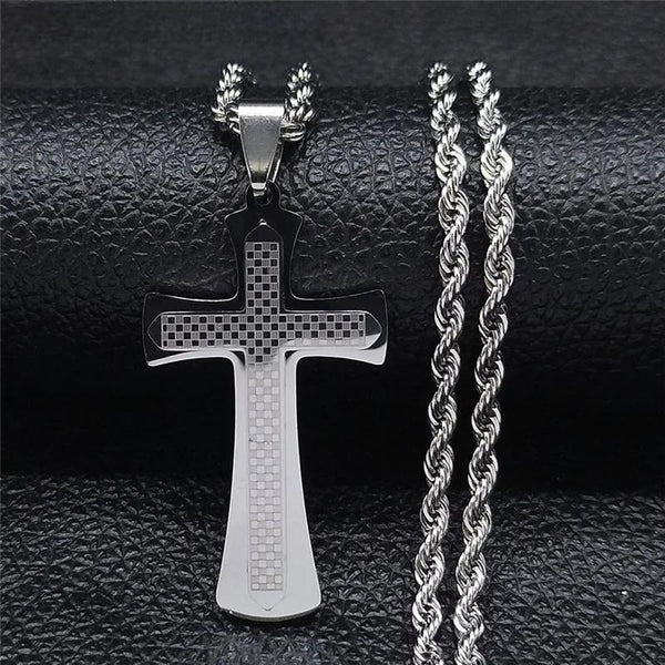 Collar con cruz y talismán de acero inoxidable con medalla cristiana de San Benito.