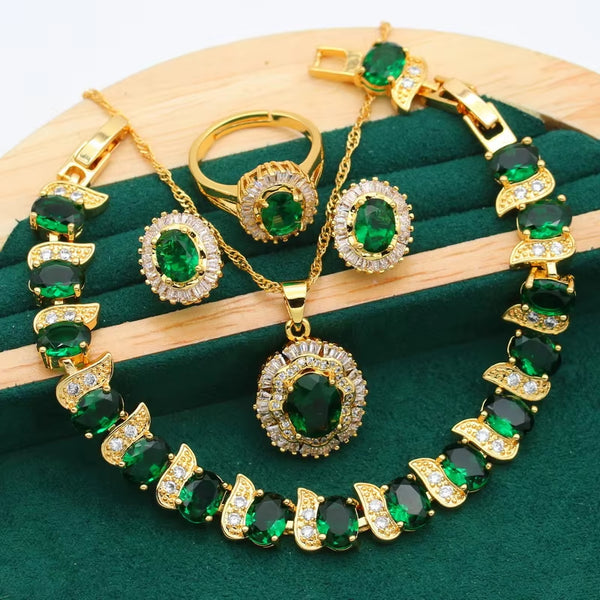 Conjuntos de joyas de color dorado con piedra natural CZ verde