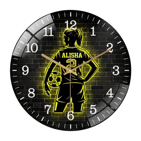 Decor Wall Clocks: Female Soccer Player  Glass Wall Clock, Girl Football S Wall Clock for Homes, Bars, Offices, Man Caves, Garages, And Living Rooms. Also Makes A Great Gift. Style 12×12inch(30×30cm)