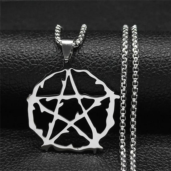 Collares de acero inoxidable con pentagrama y ramas de brujería