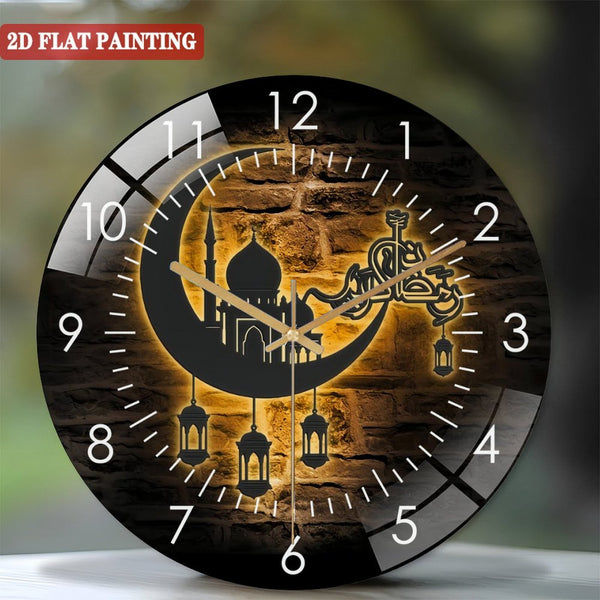 Clocks Wall Decor: Ramadan Mubarak Moon Glass Wall Clocks,Ramadan Moon Glass Wall Clocks,Home Decor Islamic Calendar Decoration Crescent Ramadan Kareem Housewarming Style 12×12inch(30×30cm)