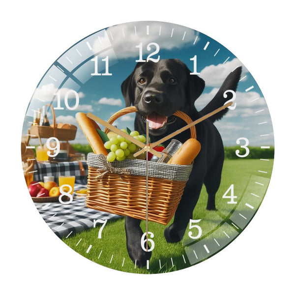 Decor Wall Clocks: Black Labrador Picnic  Glass Wall Clock ,Dog Lover  Pet Portrait Wall Clock ，Dog Lover  Wall Clock  for Homes, Bars, Offices, Man Caves, Garages, And Living Rooms.
