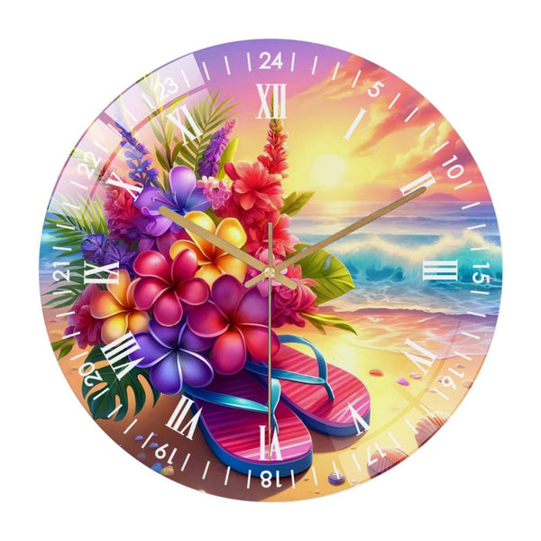 Decor Wall Clock: Hello Summer Flip- Flop And Hibiscus  Glass Wall Clock,Flip- Flop Summer Decor Wall Clock  for Homes, Bars, Offices, Man Caves, Garages, And Living Rooms .Also Makes A Great Gift.