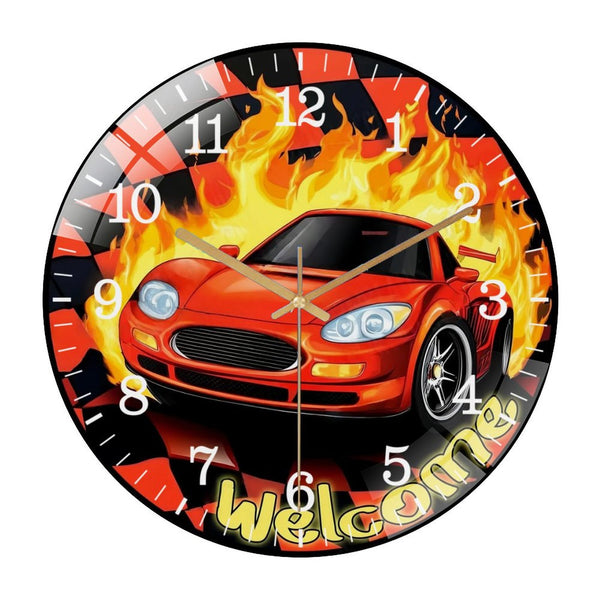 Decor Wall Clocks: Race Car  Glass Wall Clock,  Race Day Start Your Engines Decor Wall Clock  for Homes, Bars, Offices, Man Caves, Garages, And Living Rooms .Also Makes A Great Gift.