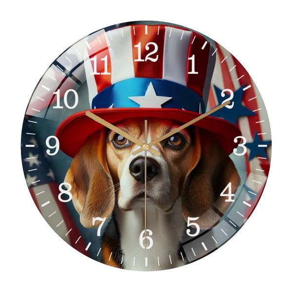 Decor Wall Clocks: Beagle Dog in Patriotic Top Hat  Glass Wall Clock ，Dog Lover Glass Wall Clock， Pet Portrait Wall Clock. Gift for Her . Home Decor Wall Clock Style 12×12inch(30×30cm)