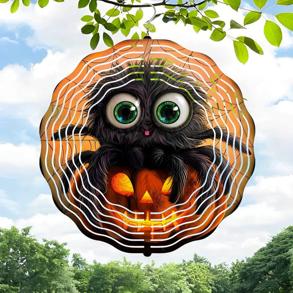 Funky Home Decor: Cute Furry Black Spider on A Pumpkin Wind Chimes ,Hallo-ween Spider Wind Chimes  for Homes, Bars, Offices, Man Caves, Garages, And Living Rooms. for Your Home Or Gift