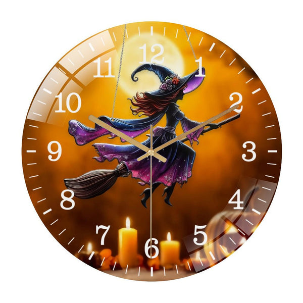 Decor Wall Clocks: Witch on Broom Glass Wall Clock, Witch Hallo-ween Decorations Wall Clock, Scary Decor, Spooky Home Decor, Hallo-ween Gift Style 12×12inch(30×30cm)
