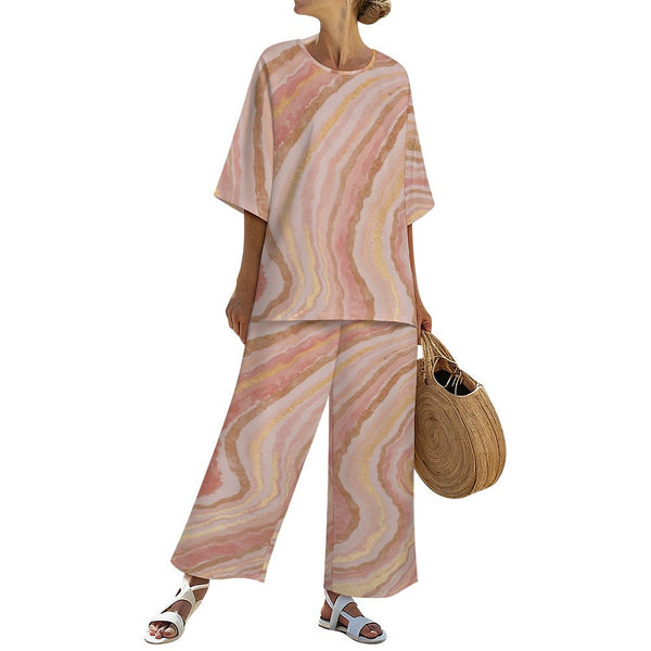 Women's Clothing： Pink Sand Dunes Round Neck Bat Sleeve Open Side Fork + Elastic Waist Wide Leg Trousers Set（bamboo  Linen）