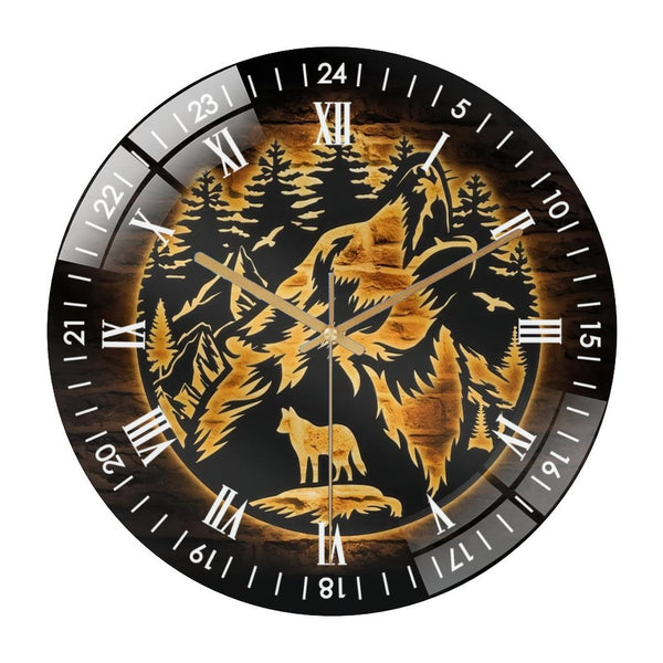 Decor Wall Clocks: Wolf In Mountain Forest Glass Wall Clock, Wolf Moon Glass Wall Clock,Home Decor Boy Girl Nursery Decoration Christmas Birthday Housewarming Style 12×12inch(30×30cm)