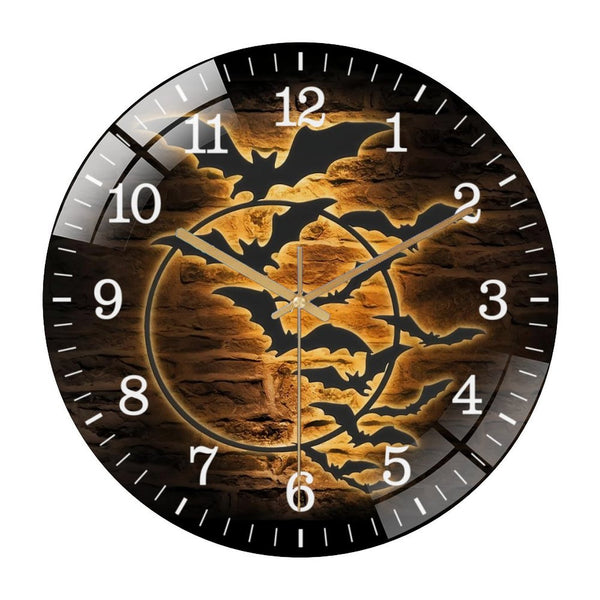 Decor Wall Clocks: Bat On The Moon Glass Wall Clock,Halloween Bat Wall Clock, Home Decor Black Horror Bird Dracula Decoration Man Cave Hanging Gift. Style 12×12inch(30×30cm)