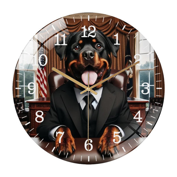 Decor Wall Clocks: Rottweiler Dog for President Glass Wall Clock ，Dog Lover Glass Wall Clock， Pet Portrait Wall Clock. Gift for Her . Home Decor Wall Clock Style 12×12inch(30×30cm)