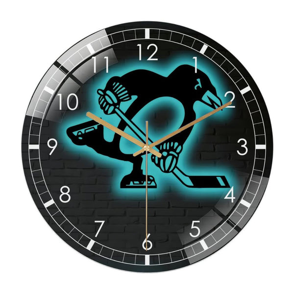 Decor Wall Clock: Ice- Hockey Penguin  Glass Wall Clock - Cool Sports Decor Wall Clock, Hockey Lover Gift, Rink Wall Sign, Fun Penguin Artwork Style 12×12inch(30×30cm)