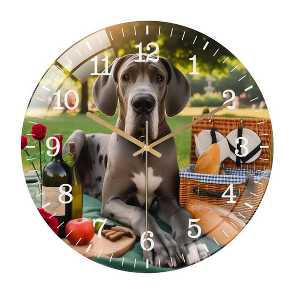 Decor Wall Clocks: Great Dane Having A Picnic  Glass Wall Clock ,Dog Lover . Pet Portrait Wall Clock  for Homes, Bars, Offices, Man Caves, Garages, And Living Rooms. .Also Makes A Great Gift.