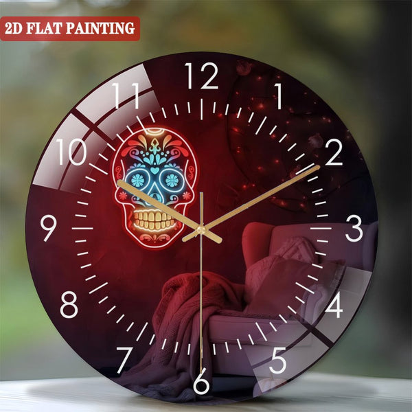 Clocks Wall Decor: Sugar Skull Glass Wall Clock， Day of The Dead Glass Wall Clock for Halloween Wall Decor Dia De Los Muertos Party Or Gothic Home Style 12×12inch(30×30cm)