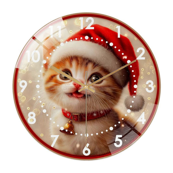 Decor Wall Clock: Cute Kitten Christmas Glass Wall Clock,  Kitten Santa Hat Wall Clock  for Homes, Bars, Offices, Man Caves, Garages, And Living Rooms .Also Makes A Great Gift.