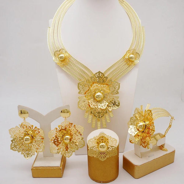 Luxury  African Gold Color Flower Big Original Necklace Earring Bracelet Nigeria Wedding Sets