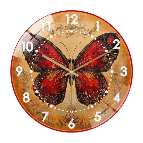 Decor Wall Clocks: Vintage Butterfly Art Glass Wall Clock,  Red Butterfly Distressed Butterfly  Decor Wall Clock  for Homes, Bars, Offices, Man Caves, Garages, And Living Rooms .