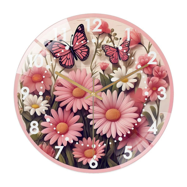 Decor Wall Clocks: Pink Daisy Welcome Wreath  Glass Wall Clock ，decor Wall Clock for Homes, Bars, Offices, Man Caves, Garages, And Living Rooms. Also Makes A Great Gift. Style 12×12inch(30×30cm)