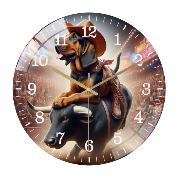 Decor Wall Clocks: Blood Hound Riding A Mechanical Bull  Glass Wall Clock ,Dog Lover  Pet Portrait Wall Clock ，Dog Lover  Wall Clock  for Homes, Bars, Offices, Man Caves, Garages, And Living Rooms.