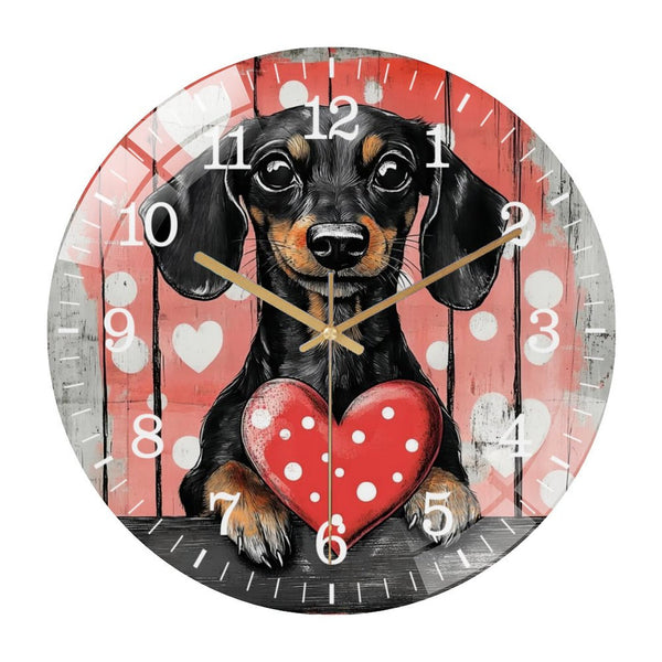 Decor Wall Clocks: Dachshund Valentine Glass Wall Clock , Weiner Dog Valentine Gift, Sausage Dog Art, Gift for Dog Lover for Homes, Bars, Offices, Man Caves, Garages, And Living Rooms.