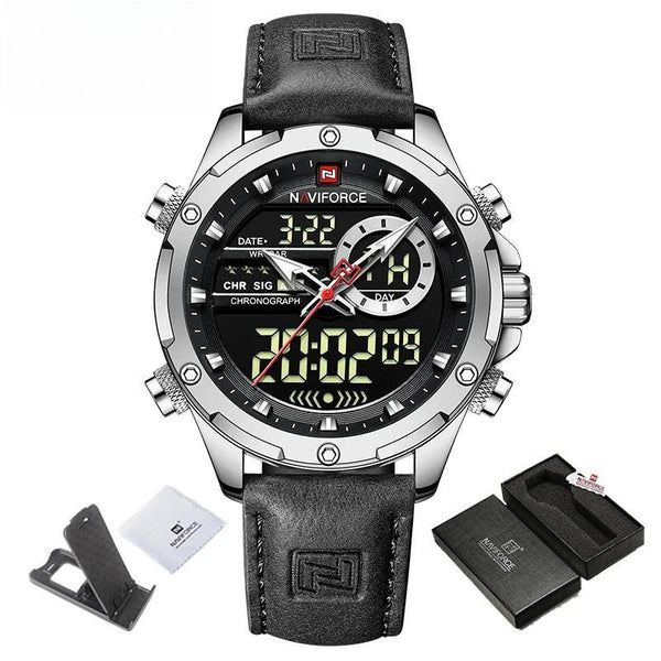 Reloj de pulsera de cuarzo con cronógrafo digital, resistente al agua y estilo militar, de cuero verde, informal, para hombre.