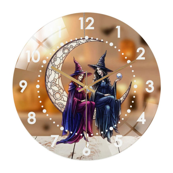 Decor Wall Clocks: Two Witches On The Moon  Glass Wall Clock, Hallo-ween Decor Wall Clock, Scary Decor, Spooky Home Decor, Hallo-ween Gift Style 12×12inch(30×30cm)