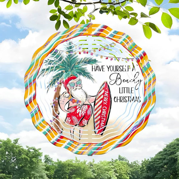 Funky Home Decor: Tropical Santa Wreath Wind Chimes, Surfing Santa Round Door Wind Chimes, Christmas Wind Chimes, Beach Decor Style 10*10in（25*25cm）