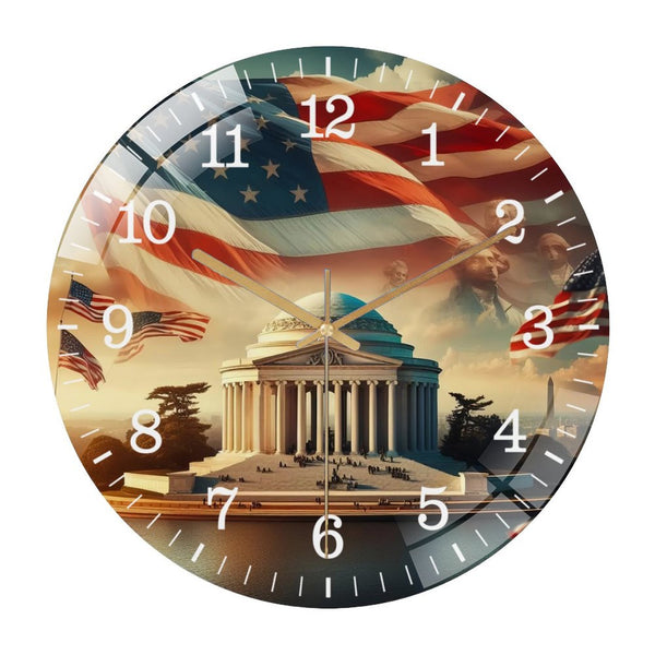Decor Wall Clocks: Patriotic Jefferson Memorial Glass Wall Clock, American Flag Patriotic Holiday Wall Clock,   for Homes, Bars, Offices, Man Caves, Garages, And Living Rooms. Style 12×12inch(30×30cm)