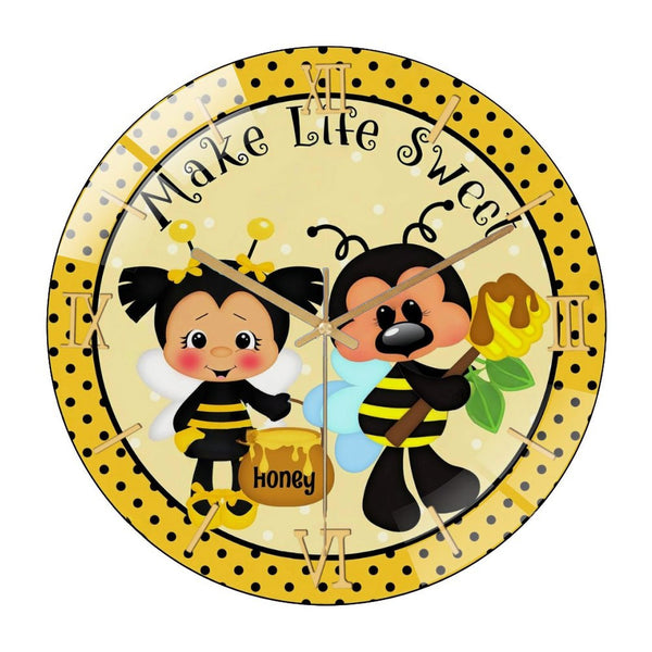 Decor Wall Clocks: Make Life Sweet Bee  Glass Wall Clock Round Spring Summer  Wall Clock for Homes, Bars, Offices, Man Caves, Garages, And Living Rooms. Also Makes A Great Gift.