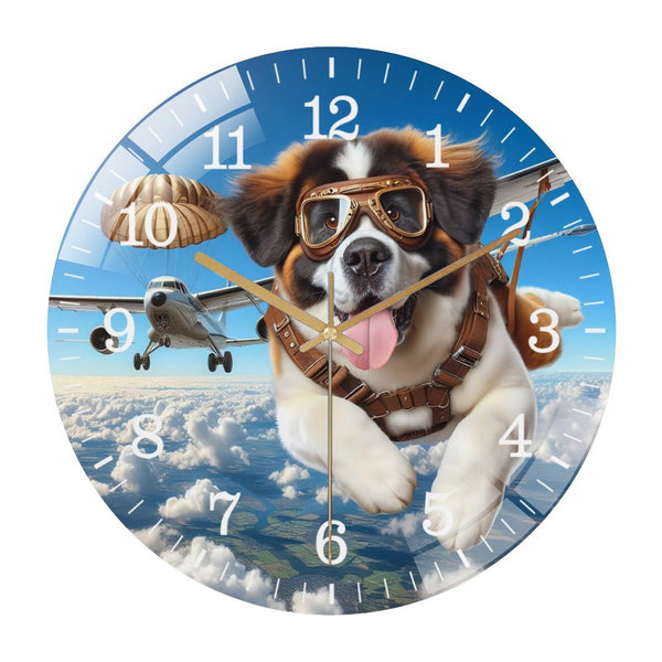 Decor Wall Clocks: Funny Saint Bernard Skydiving  Glass Wall Clock ,Dog Skydiving Wall Clock ，Dog Lover  Wall Clock  for Homes, Bars, Offices, Man Caves, Garages, And Living Rooms.