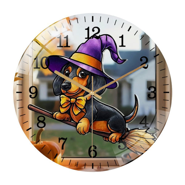 Decorative Clocks: Adorable Hallo Ween Dachshund Dog Wearing Witch Hat Riding Broomstick Stained Glass Wall Clock, Dachshund Hallo-ween Home Decor  Wall Clock, Gift For Mom,