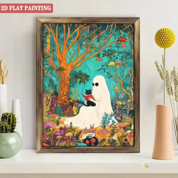Room Decor Art Prints: Cute Ghost Reading Romantic Dark Academia Wood Art Prints,moody Cottagecore Spooky Decor Vintage  Gothic Painting, Reading Ghost Black Cat Wood  Art Prints  12x16inch(30x40cm)