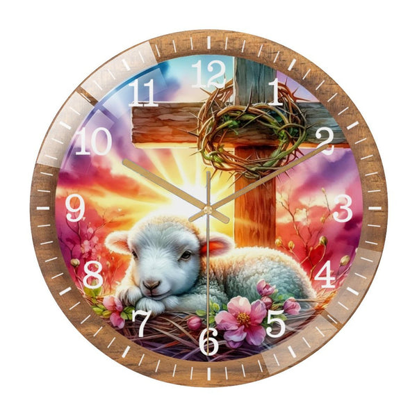 Decor Wall Clock: Lamb at The Cross Easter  Glass Wall Clock,  Easter Christian Home Decor Wall Clock  for Homes, Bars, Offices, Man Caves, Garages, And Living Rooms .