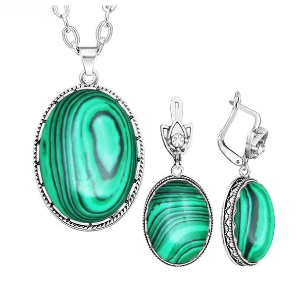 Conjunto de collar y pendientes de malaquita ovalada para mujer