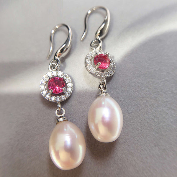 New Pearl Earrings Natural Freshwater Pearl Rose Red Zircon Drop Earrings