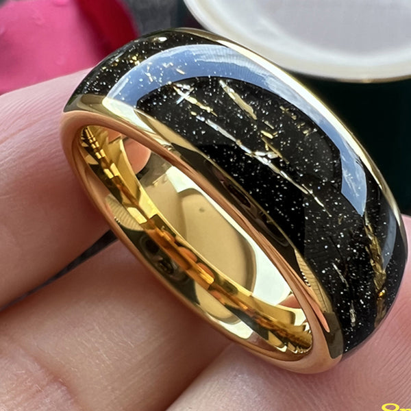 Anillo de bodas TUSSTEN de 8 mm de acero de carburo de tungsteno con incrustaciones negras y lámina de oro.