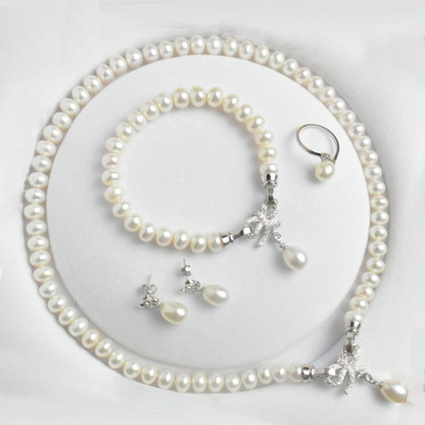 Conjuntos de joyas de perlas, joyas naturales de agua dulce, lazo, plata de ley 925, collar de perlas, pendientes, pulsera