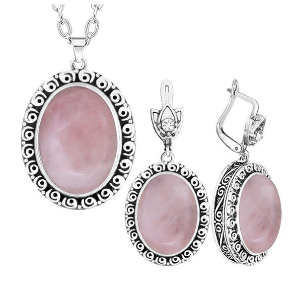 Conjunto de joyas de piedra natural de amatista y cuarzo rosa ovalado