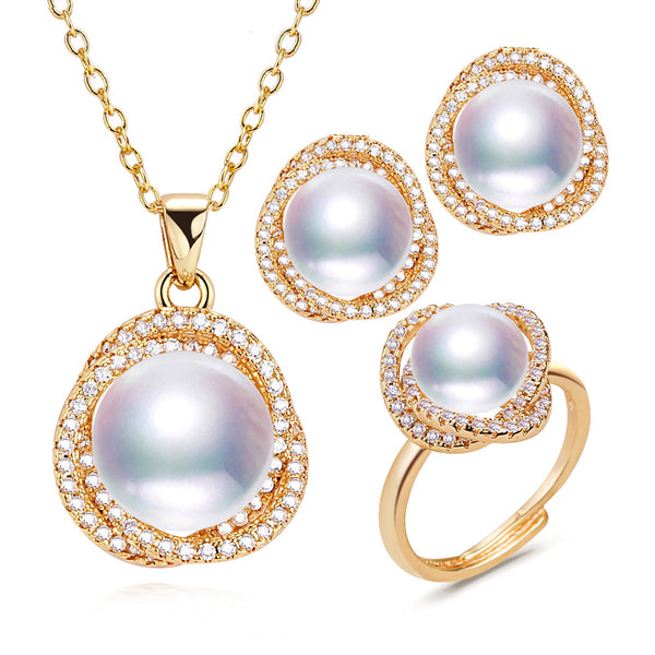 Conjunto de joyería de perlas con forma de nido de pájaro, collar, pendientes y anillo de perlas naturales bañadas en oro de 14 quilates para mujer.