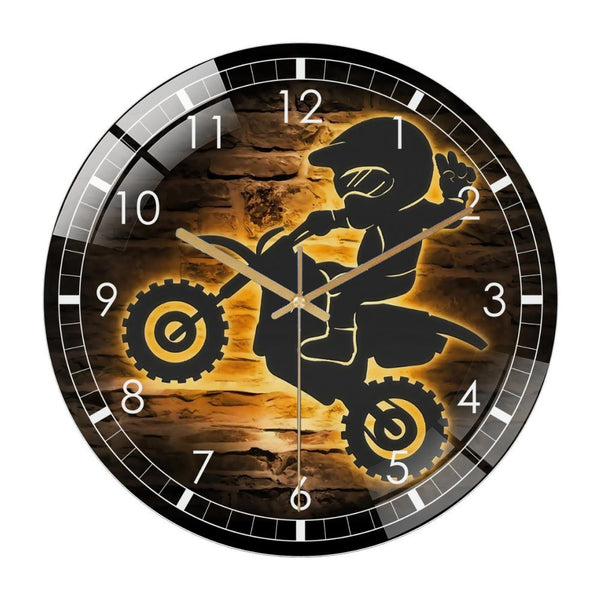 Decorative Clocks: Motocross Biker Kids Glass Wall Clock ，Little Dirt Bike Boy  Wall Clock for Home Decor, Christmas Gift for Bedroom, Game Room, Man Cave, Party Decor, Off Road Game Room