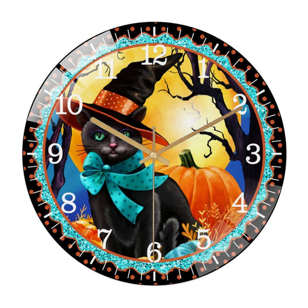 Decor Wall Clocks: Cat in Witch Hat Pumpkin Hallo-ween Glass Wall Clock, Cat Lover Halloween Gift Decor Wall Clock for Homes, Bars, Offices, Man Caves, Garages, And Living Rooms.
