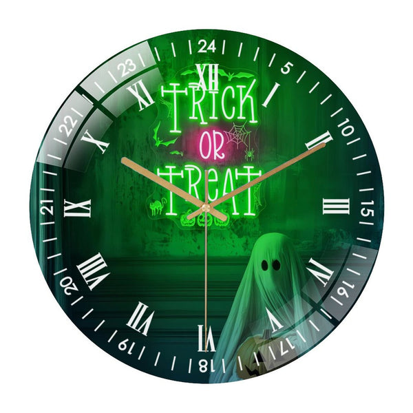Decor Wall Clocks: Trick Or Treat  Halloween Glass Wall Clock,Spooky Season Haunted House Party Decor Wall Clock, for Homes, Bars, Offices, Man Caves, Garages, And Living Rooms. Hallo-ween Gift .