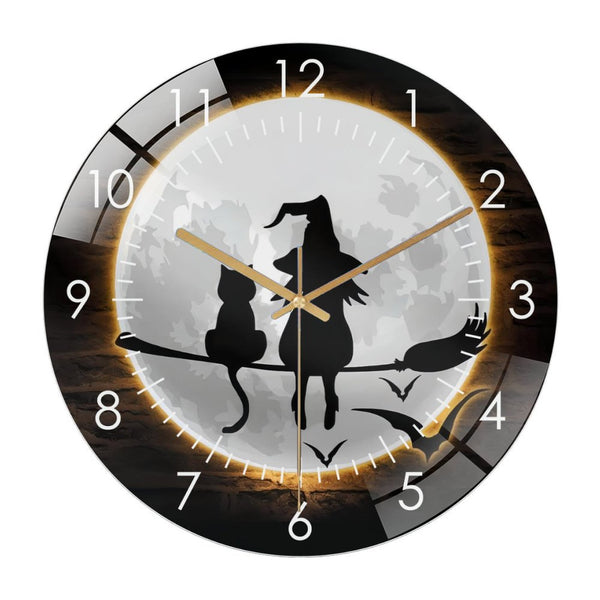Decor Wall Clocks: Witch Cat On The Moon Glass Wall Clock,Moon Witch Home Decor Halloween Wall Clock, for Homes, Bars, Offices, Man Caves, Garages, And Living Rooms. Style 12×12inch(30×30cm)