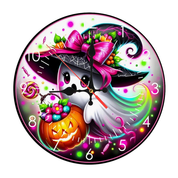Decor Wall Clocks: Halloween Ghost Wood Wall Clocks, Pumpkin Witch Hats Wood Wall Clocks for Homes, Bars, Offices, Man Caves, Garages, And Living Rooms. for Gift Home Wall Decor.  10×10inch(25×25cm)