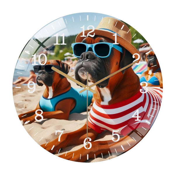 Decor Wall Clocks: Boxers Wearing Sunglasses Bathing Suits- And Hat on The Beach Sunbathing on A Glass Wall Clock ,beach  Wall Clock ，Dog Lover  Wall Clock  for Homes, Bars, Offices, Man Caves