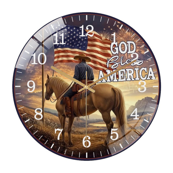 Decor Wall Clocks: Cowboy And Horse with Flag  Glass Wall Clock,  Patriotic Cowboy Flag Decor Wall Clock  for Homes, Bars, Offices, Man Caves, Garages, And Living Rooms .Also Makes A Great Gift.