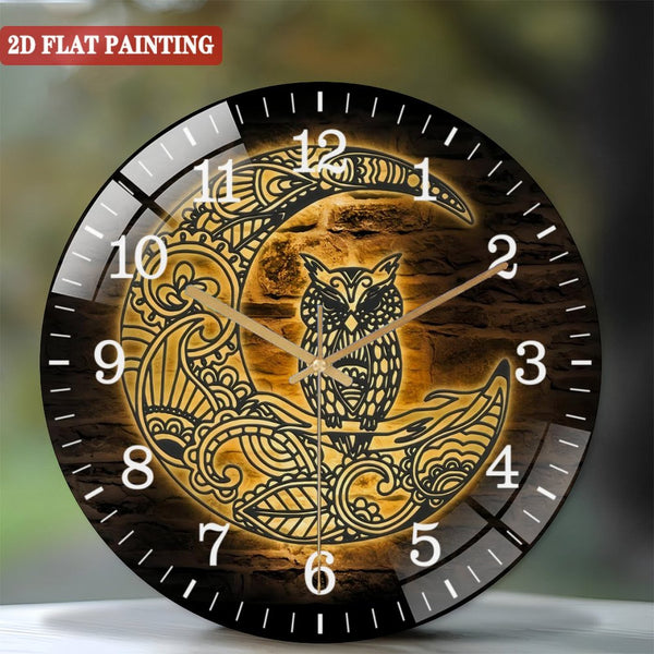 Decor Wall Clocks: Owl On The Moon Glass Wall Clocks, Owl Moon Glass Wall Clocks, Home Decor Crescent Moon Decoration Man Cave Hanging Door Housewarming Birthday Style 12×12inch(30×30cm)