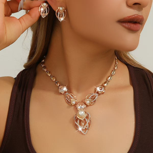 Gold Color Imitation Pearl Wedding Costume Necklace Earrings Sets