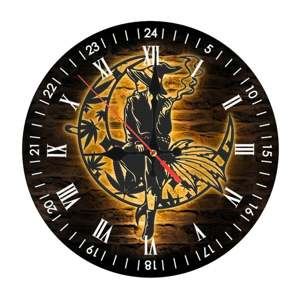 Decor Wall Clocks: Witch Weed On The Srescent Moon Wood Wall Clock,Witch Weed Moon WoodWall Clock, Home Decor Halloween Nursery Decoration Xmas Birthday.  10×10inch(25×25cm)