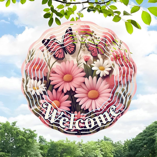 Funky Home Decor: Pink Daisy Welcome Wreath Wind Chimes，decor Wind Chimes for Homes, Bars, Offices, Man Caves, Garages, And Living Rooms. Also Makes A Great Gift. Style 10*10in（25*25cm）